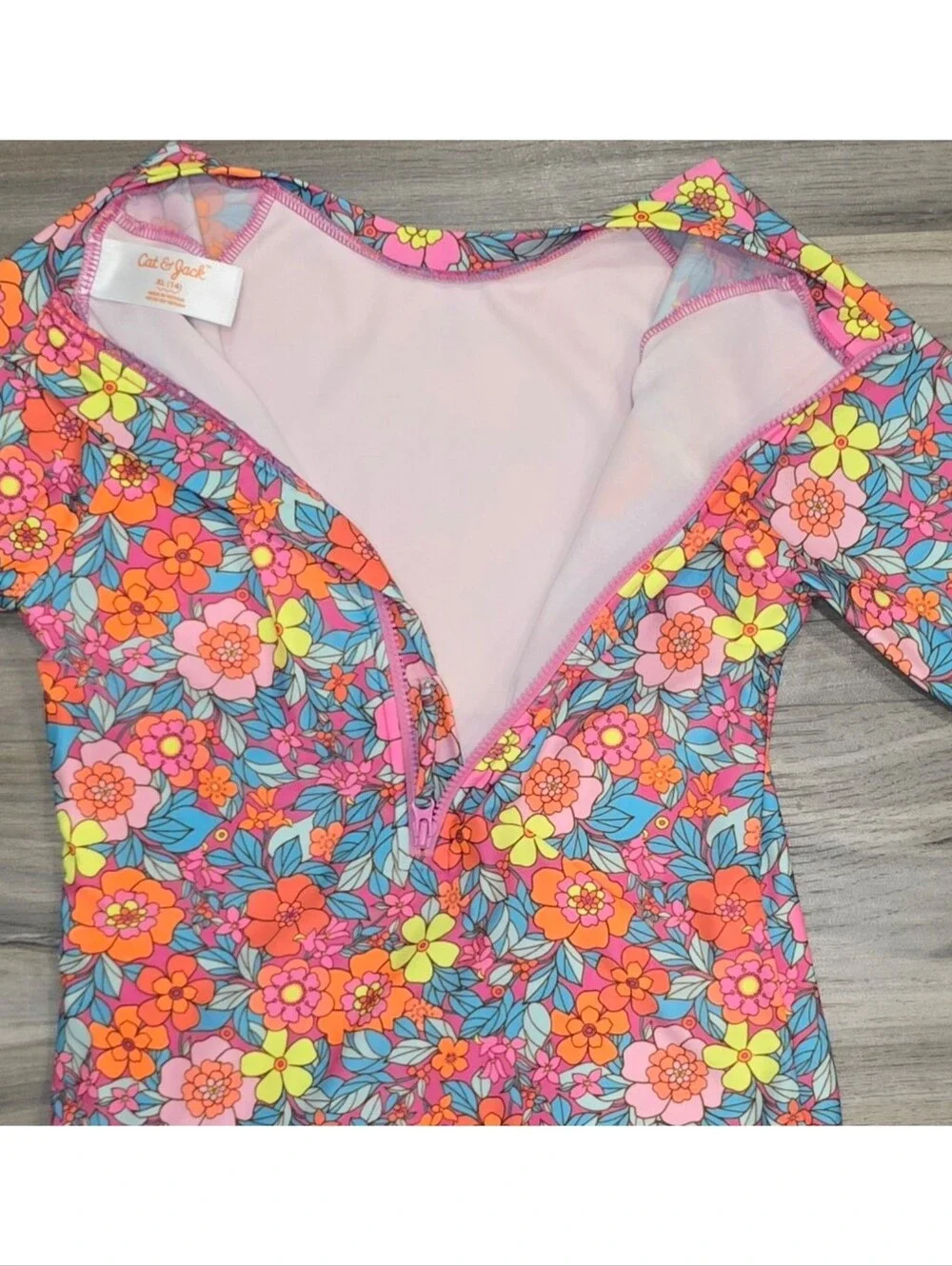 Cat & Jack Floral Long Sleeve Rash Guard Swimsuit Girls XL 14